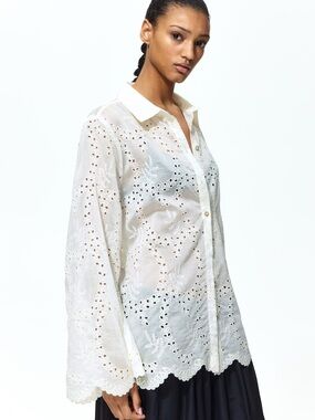 H&M White Eyelet Button-Down Lace Beach Euro Vacation Shirt Size oversized XS